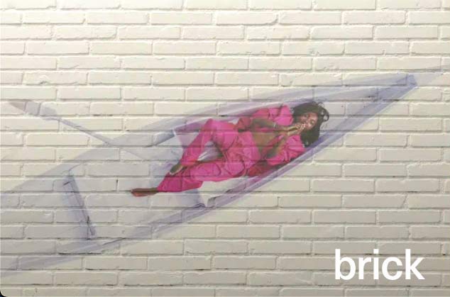 Image of a woman in a row boat printed on a brick wall with a vertical wall printer