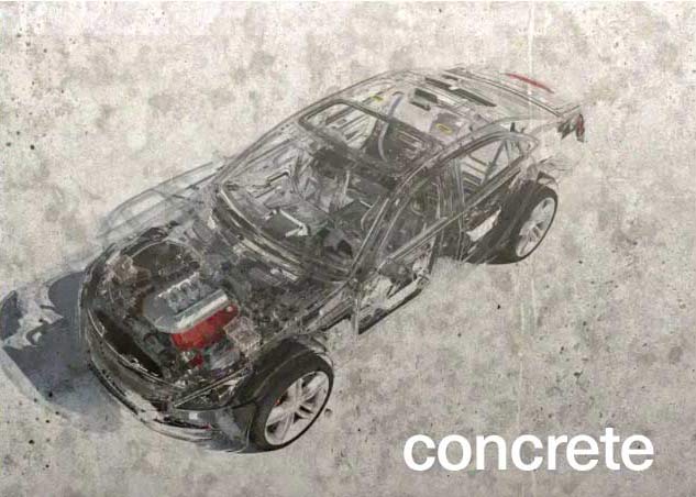 Image of a detailed mechanical drawing of a car printed on a concrete wall with a vertical wall printer