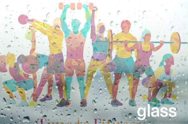 Image of people exercising printed on glass with a vertical wall printer