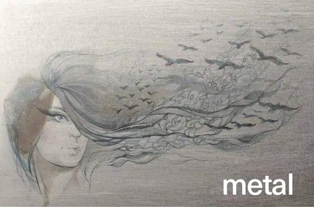 Image of a woman's face with hair that turns into birds printed on metal with a vertical wall printer