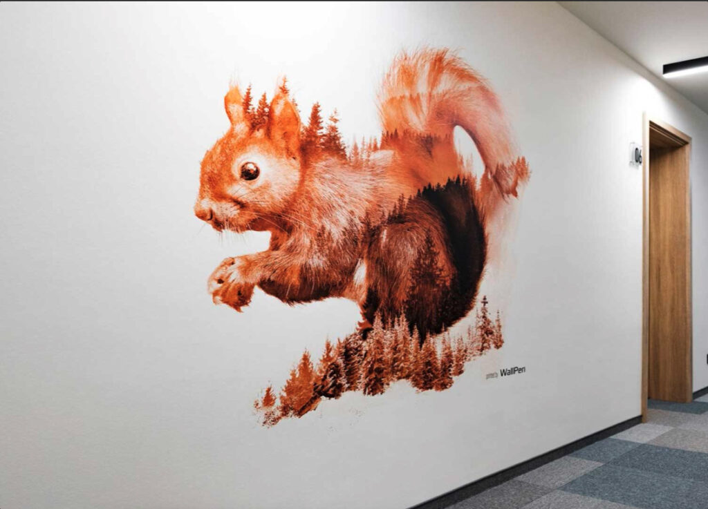 Image of a squirrel vertically printed on dry wall