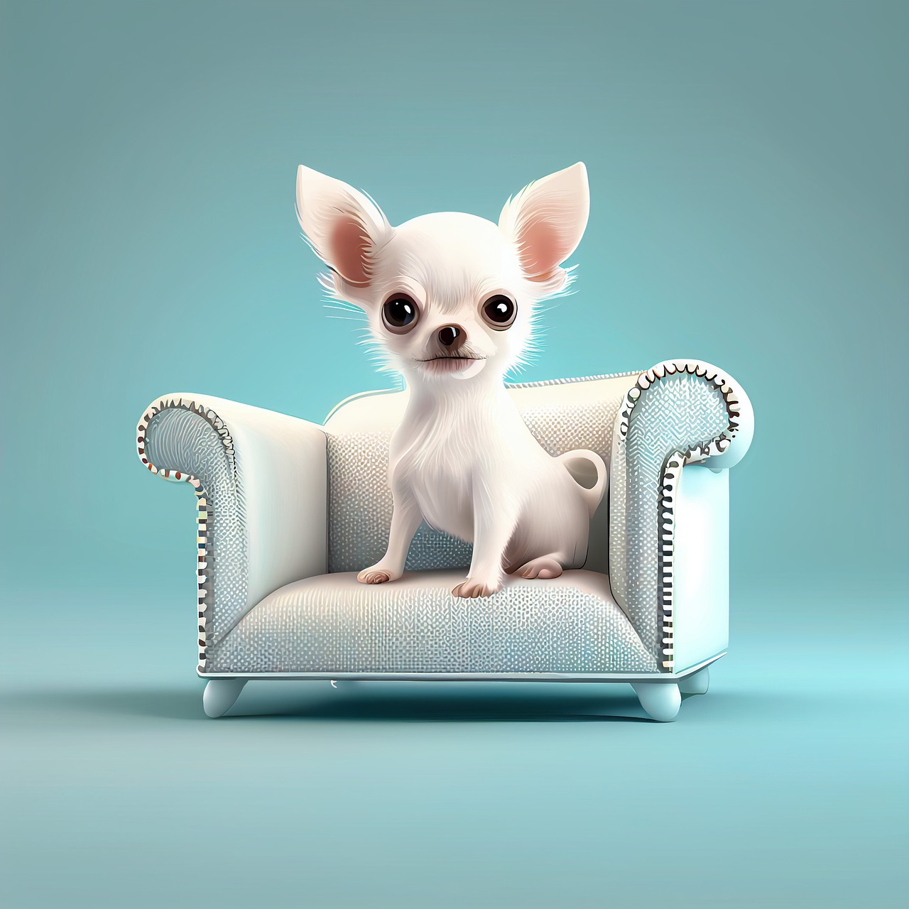 An image generated by artificial intelligence of a white chihuahua sitting on a small chair.