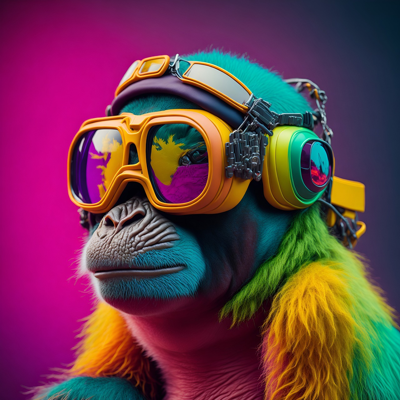 An image of a colorful monkey wearing flight goggles and headphones that was created by artificial intelligence.