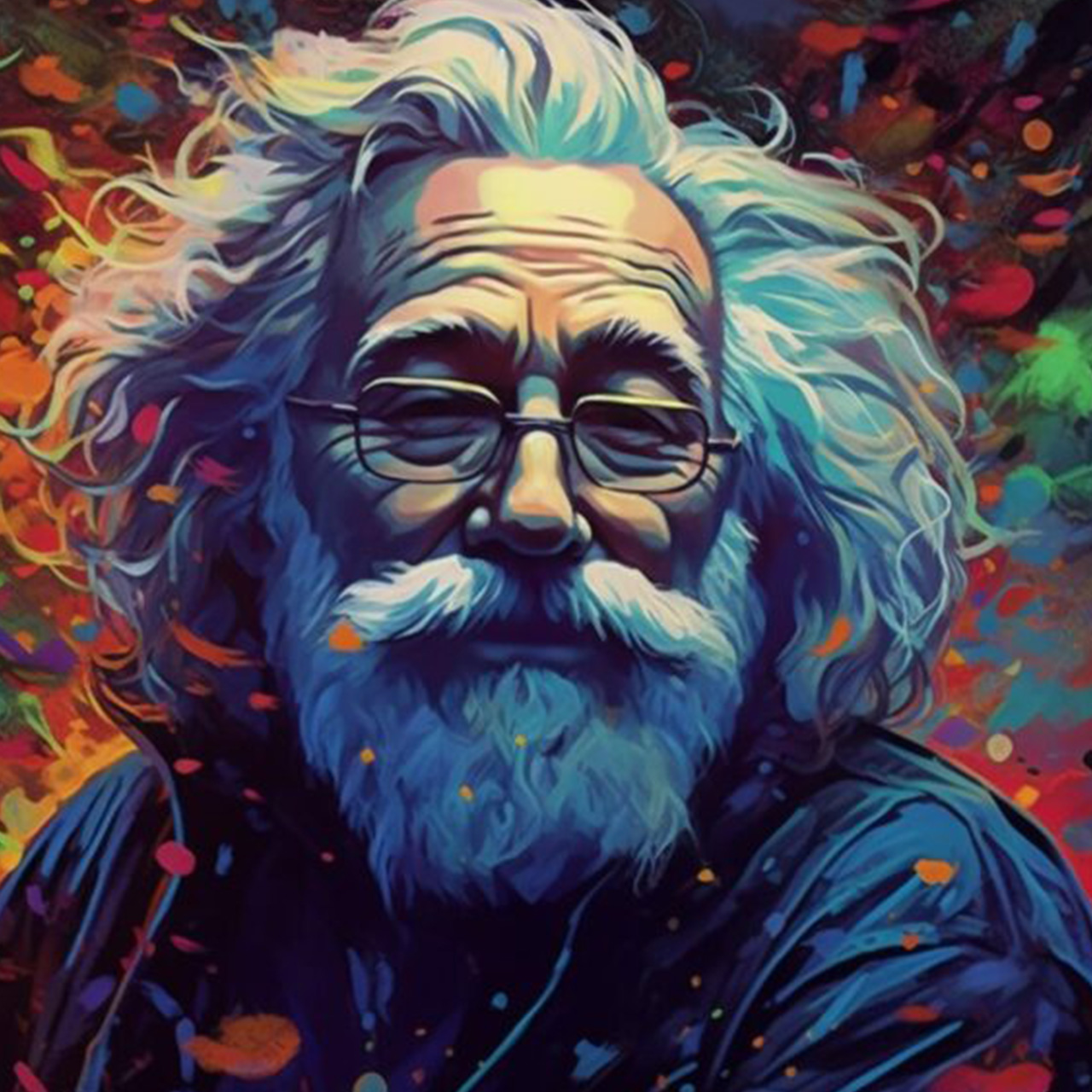 An image of Jerry Garcia that was generated by artificial intelligence that Rethink Creative can print vertically.